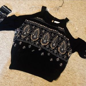 Patrons of Peace Black & Gold Cold Shoulder Blouse